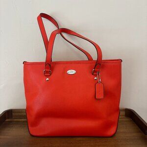 Coach Mango Orange Crossgrain Leather Zip Top Tote